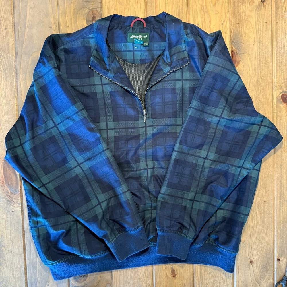 Eddie Bauer Blue and Green Plaid 1/4 Zip Golf Jacket